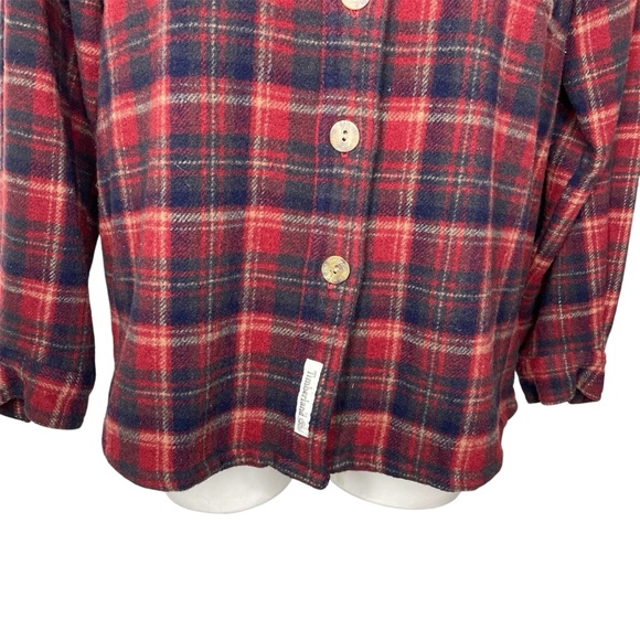 Timberland Wool Plaid Button Up Shirt M Red Black Tan Women’s Shacket - Picture 5 of 7